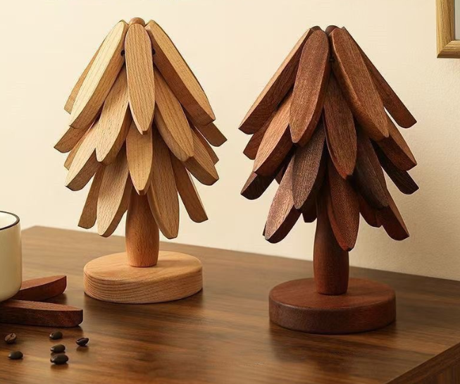 ✨Natural Tree Trivet Set - 4 Wooden Trivets & 1 Stand Like a Christmas Tree