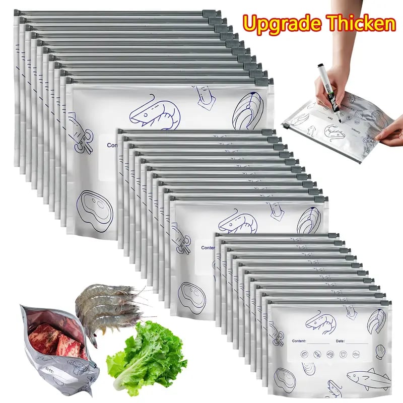 💥(Pack of 30) 2026 New Reusable Aluminum Foil Sealing Food Storage Bags with Labels and Zipper Closure, suitable for food preservation and longer storage.