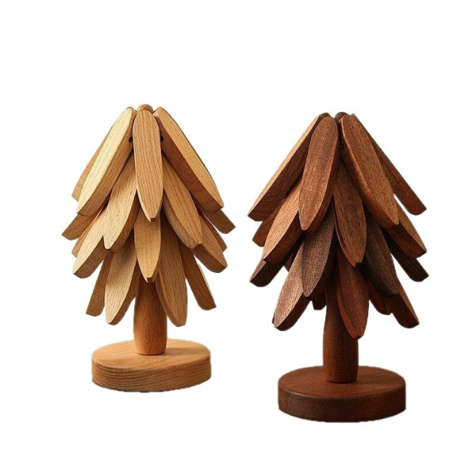 ✨Natural Tree Trivet Set - 4 Wooden Trivets & 1 Stand Like a Christmas Tree