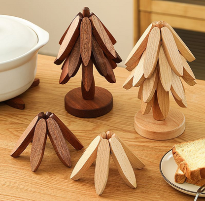 ✨Natural Tree Trivet Set - 4 Wooden Trivets & 1 Stand Like a Christmas Tree