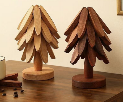 ✨Natural Tree Trivet Set - 4 Wooden Trivets & 1 Stand Like a Christmas Tree