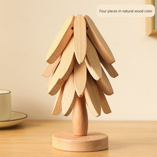 ✨Natural Tree Trivet Set - 4 Wooden Trivets & 1 Stand Like a Christmas Tree