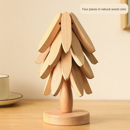 ✨Natural Tree Trivet Set - 4 Wooden Trivets & 1 Stand Like a Christmas Tree