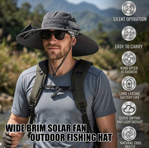 🔥 Wide Brim Solar Fan Outdoor Fishing Hat-Solar & USB Charging