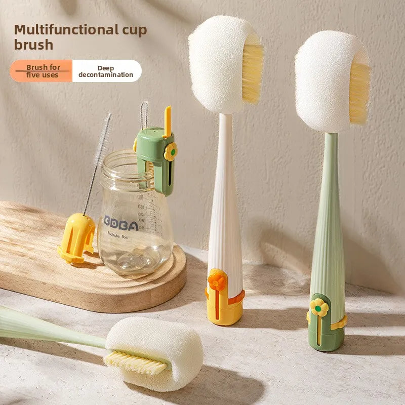 🎀Multi-functional 5-in-1 kitchen cup brush, straw brush, cleaner, squeegee-style long handle, lightweight, durable, and eco-friendly PP soft material.