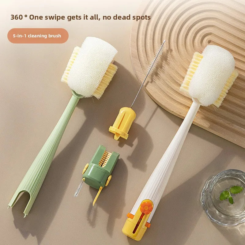 🎀Multi-functional 5-in-1 kitchen cup brush, straw brush, cleaner, squeegee-style long handle, lightweight, durable, and eco-friendly PP soft material.